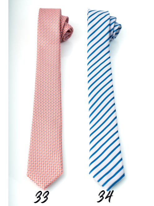 Nyakkendő narancssárga mintás, kék-fehér csíkos