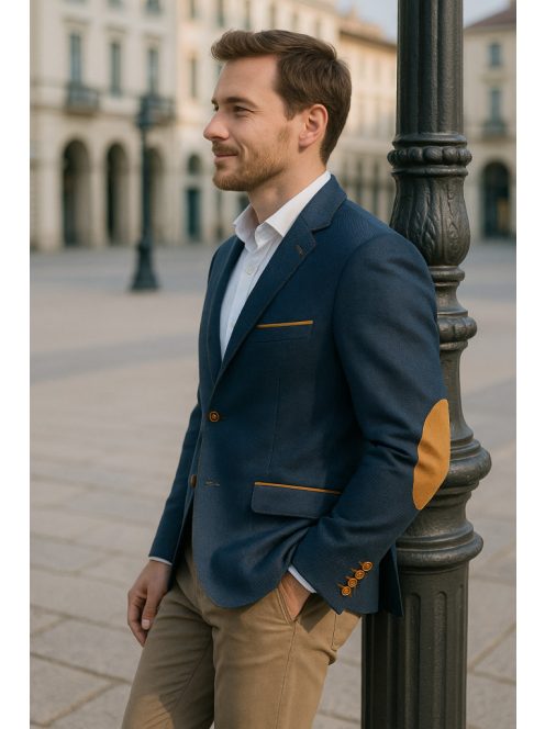 Modré sako Thomas Jeans s hnedými vreckami na lakťoch