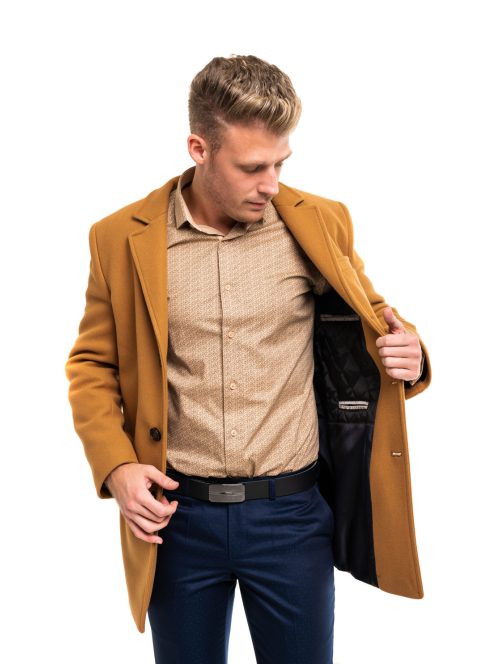 Tkaninový kabát Thomas Jeans v horčicovo hnedej farbe